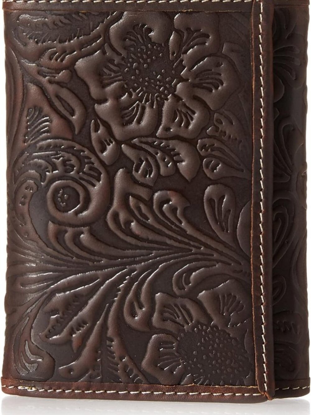 Floral Embossed Leather Trifold Wallet for Men, RFID Blocking, Brown Design